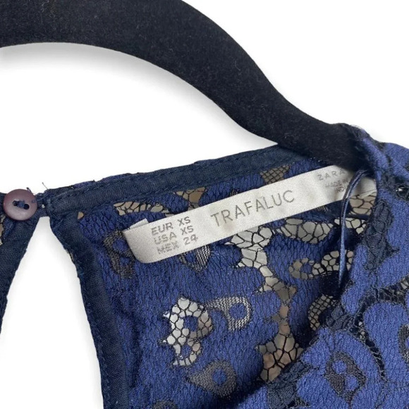 ZARA Trafaluc Navy Blue Floral Lace Peplum Croppped Long Sleeve Top - Picture 8 of 9